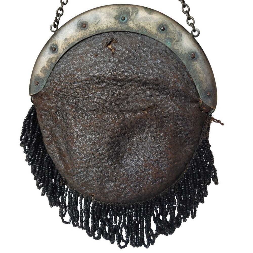 Black Beaded Small Purse With Floral Metal Frame & Fringe Detail Antique - Picture 5 of 10